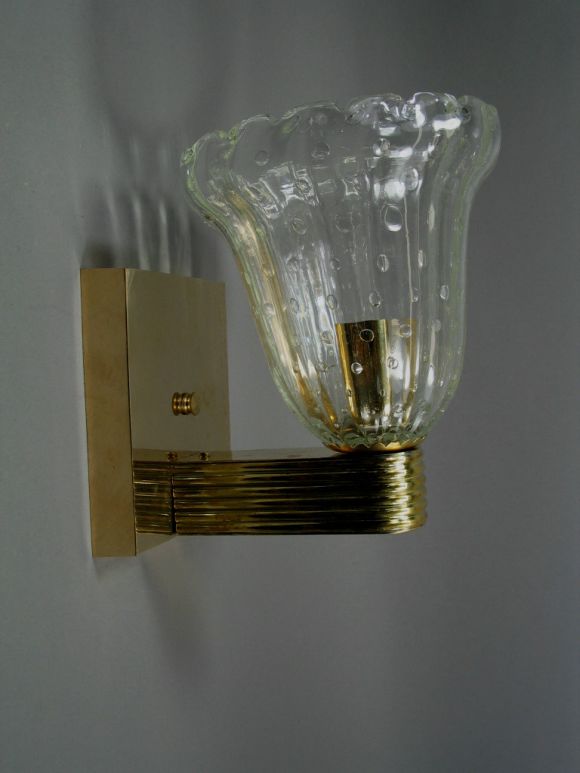 Circa 1940's Pair Large Murano Bubble Glass Sconces In Excellent Condition In Douglas Manor, NY