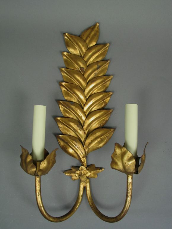 Pair Gilded Leaf Sconces
