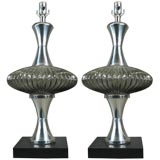 Vintage Circa 1960
s Pair  large  aluminum and smoked glass lamps