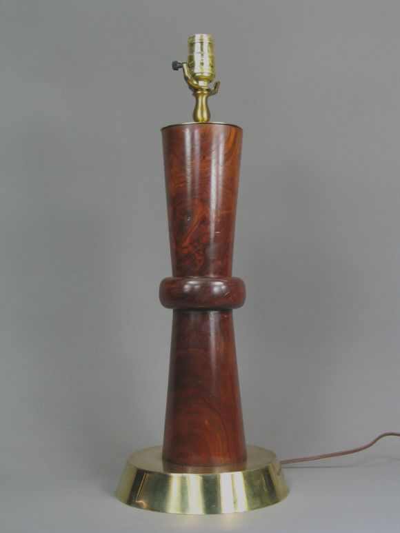 Pair of custom-made walnut and brass lamps.