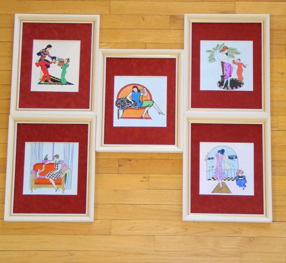 5-541 Set of 5 Deco drawings newly framed with velvet matts