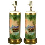 Antique Pair Hand Painted English  Porcelain Lamps