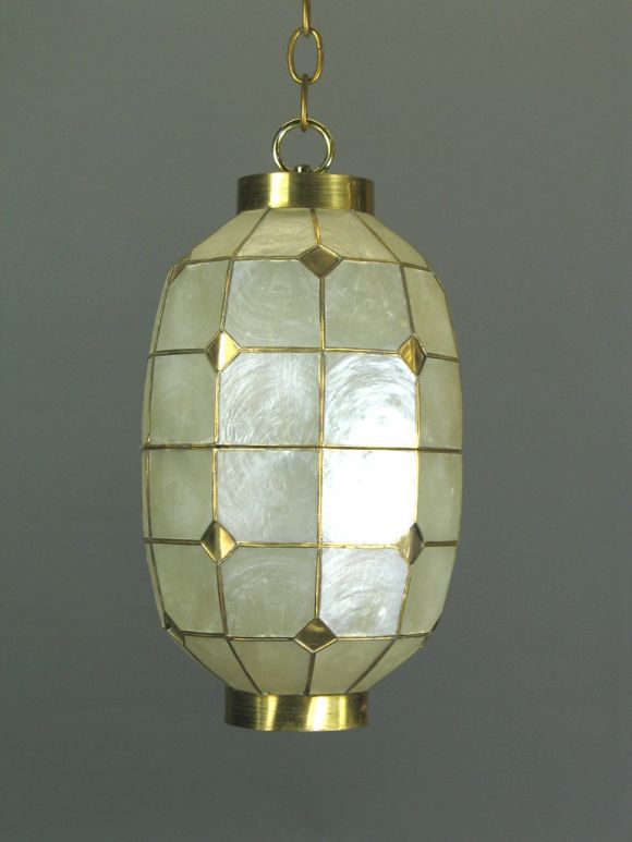 #1-1649a. Capiz shell-brass vintage pendant light.
