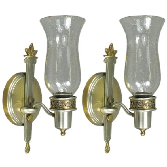 Pair Brushed Nickel and Brass Hurricane Sconces at 1stdibs