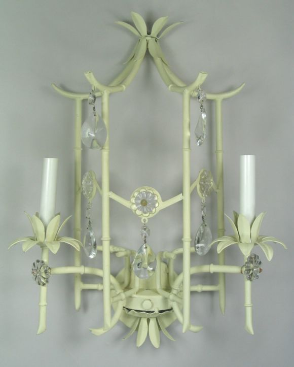#2-666 Double arm tole pagoda sconce with glass rosettes and drops.