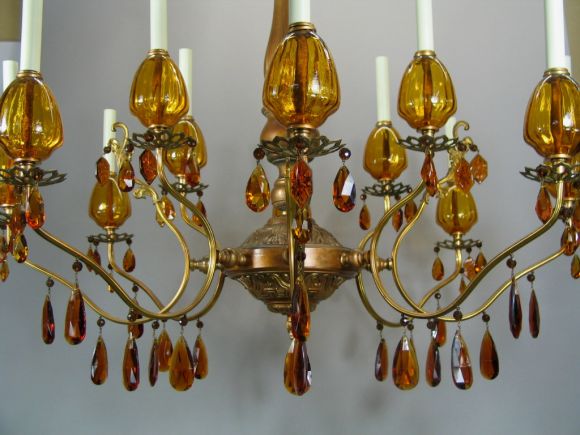 On Sale Oversized Italian Amber Glass and Bronze Chandelier In Excellent Condition In Douglas Manor, NY
