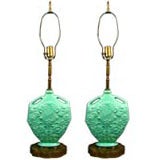 Pair sage green pottery lamps