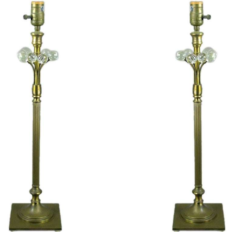 #4-309, pair of column brass lamps with crystal balls.