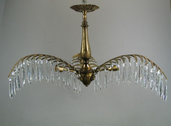 Large Palm Leaf and Crystal Semi Flush Mount or Pendant In Good Condition In Douglas Manor, NY