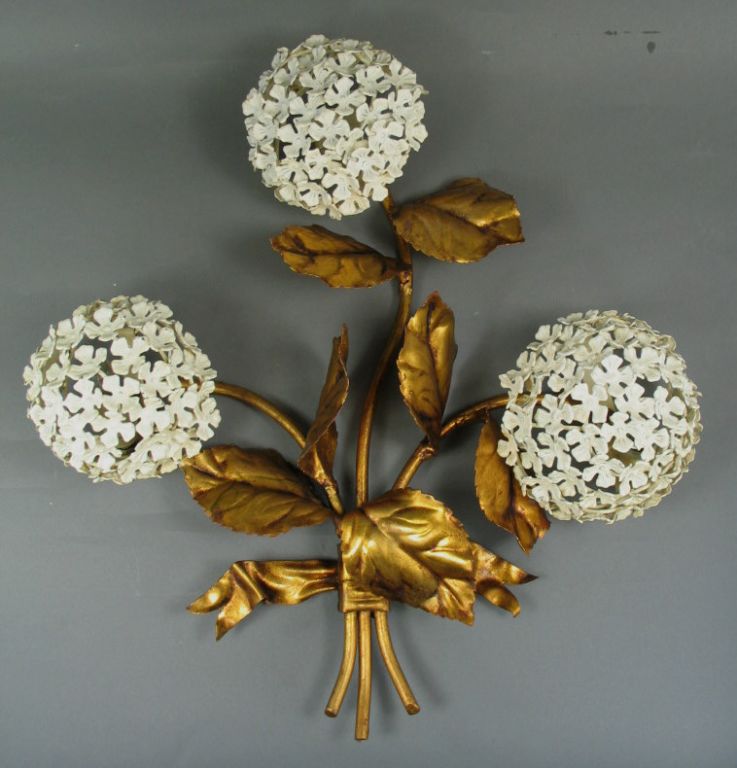 #2-867 Pair gilt metal wall sconces with 3 lites covered by metal shade of hydrangia flower