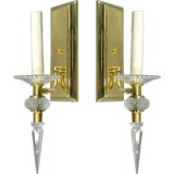 Pair French crystal and brass sconces