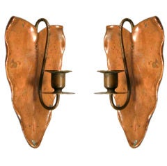 Pair German copper Arts and Craft leaf candle sconces