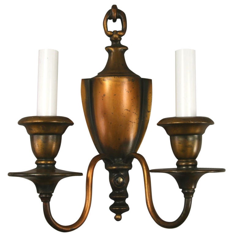 Circa 1920's Pair Shield Back Two Light Sconces