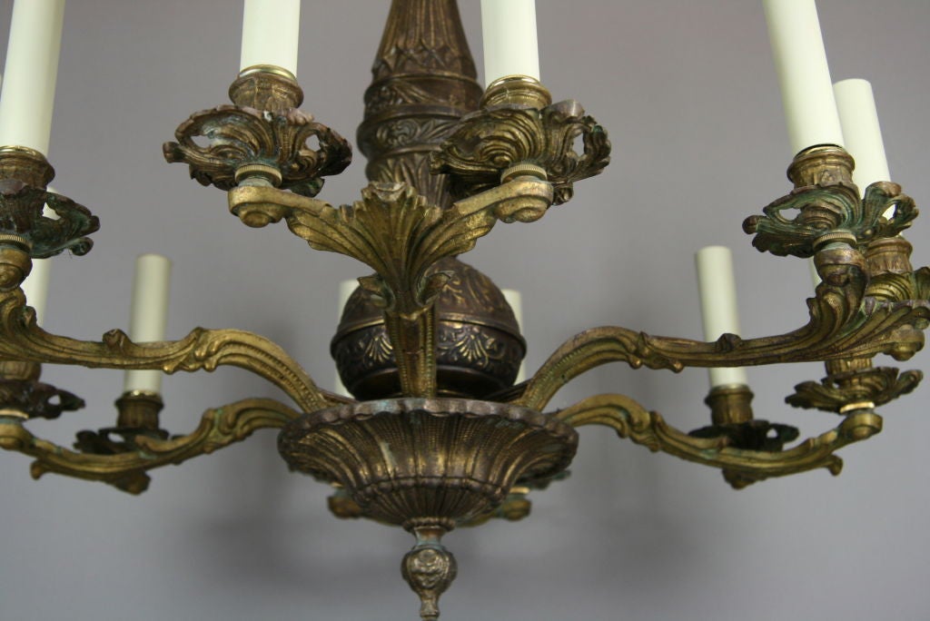  Twelve-Light Italian Bronze Double Arm Chandelier In Good Condition In Douglas Manor, NY