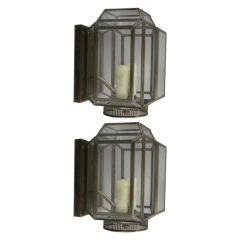 Pair fassetted glass and brass lantern wall sconces