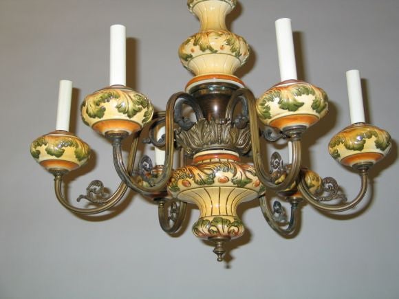 Hand painted ceramic and brass 6 lite chandelier