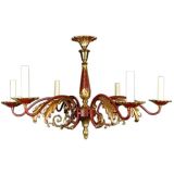Circa 1940's Italian Burgundy  Gilded Brass Chandelier