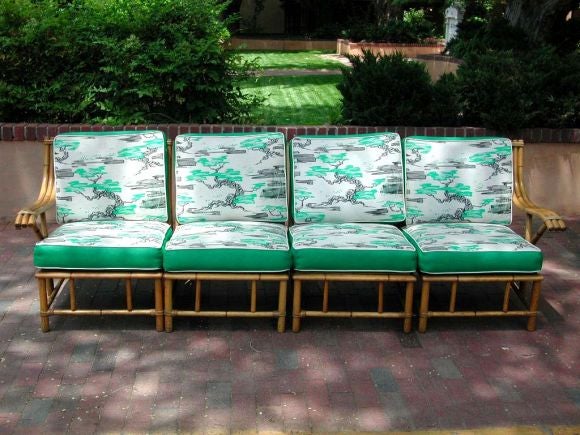 Vintage Heywood-Wakefield sofa set with original cushions. Labels are intact.