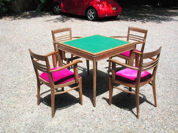 1940s French Limed Oak Game Table and Chairs