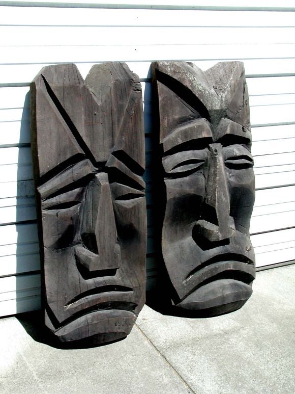 Cool pair of 1950s giant carved tikis from a Healdsburg estate. Signed by D. Colp.