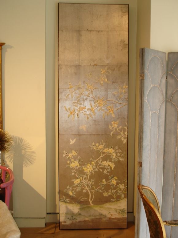 A beautiful pair of silverleafed and hand painted gracie wall panels