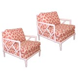 Pair of Faux Bamboo Arm Chairs witrh Coral upholstery