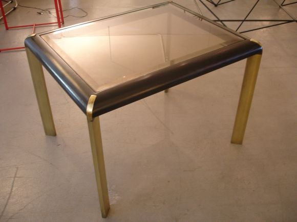 Pair  Brass, wood and glass side tables