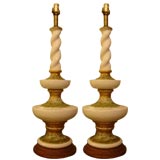 Pair of Glazed White ceramic lamps with Wood