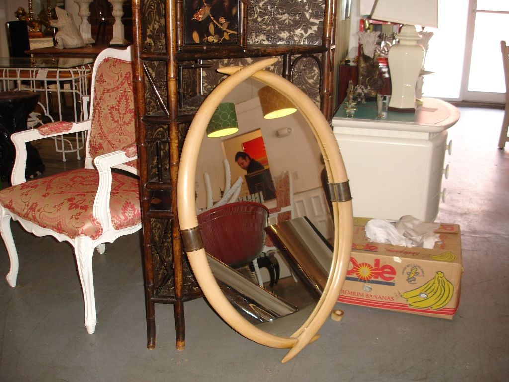 A Faux Tusk Mirror with brass mounts by Chapman company. An unusual piece to find. Great accent piece in most decor.