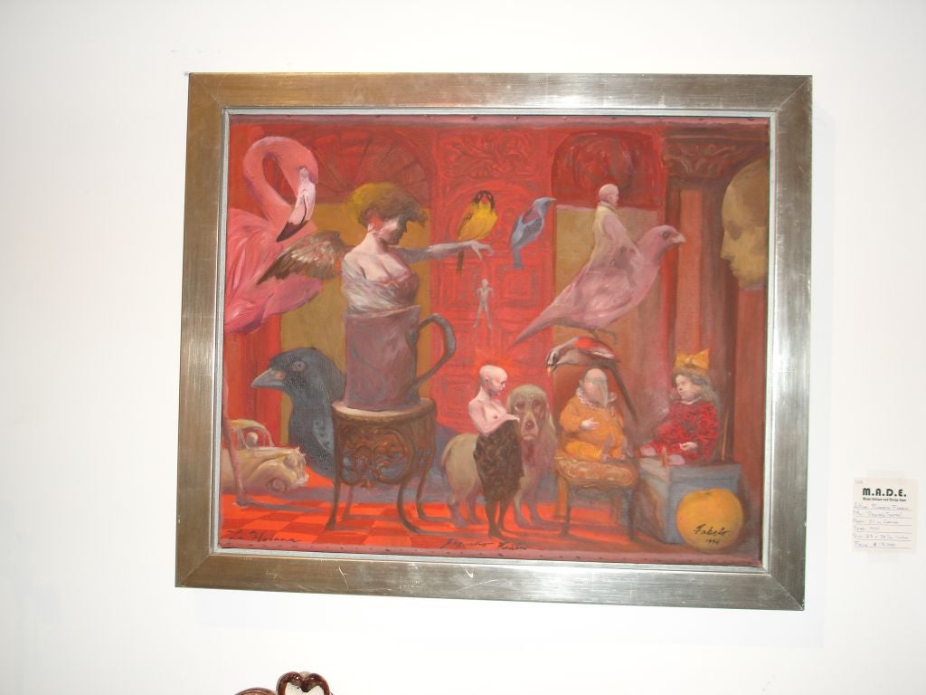 A whimsical oil on canvas titled Pequeno Tentro. Artist is cuban and has auction records at Sotheby's as well as Christies. This painting is signed and dated 1994.