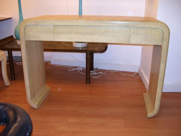 1960's waterfall style craquelaire finish console/desk in the vain of Samuel Marks.  The color is ecru/parchment.