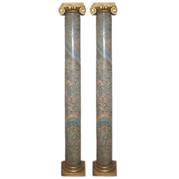 Pair of 18th Century French Faux Marble Columns with Gilded Capitals and Base