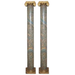 Pair of 18th Century French Faux Marble Columns with Gilded Capitals and Base