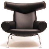 Vintage Black Leather Ox Chair & Stool by Hans Wegner