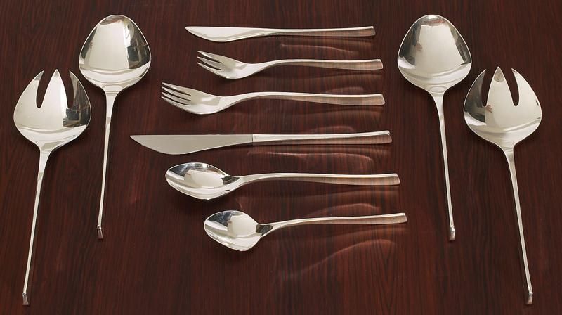 A set of sterling silver flatware, designed by acclaimed midcentury American designer Ronald Pearson for International Silver, in the Vision pattern. A total of 18 place settings are available. 

Priced at $500 per five-piece place setting. Twelve