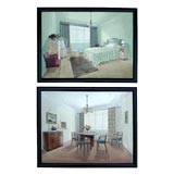 Antique PAIR OF ENGLISH ART DECO PAINTINGS OF A BEDROOM AND DINING ROOM