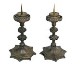 PAIR OF FRENCH NEO-GOTHIC BRONZE OCTAGONAL CANDLESTICKS