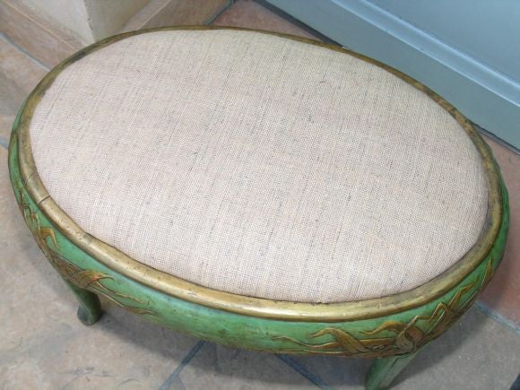 FRENCH ART NOUVEAU GREEN PAINTED OVAL WOODEN LOW BENCH