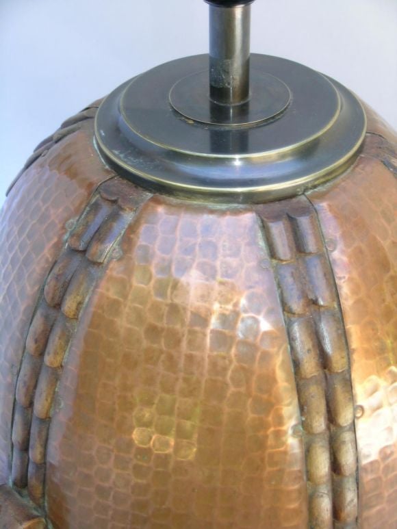 FRENCH 1940'S OAK AND COPPER LAMP
