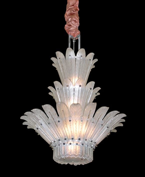 FRENCH ART DECO FROSTED GLASS LEAF CHANDELIER by Sabino