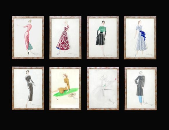 A DELIGHTFUL SET OF EIGHT ITALIAN POLYCHROMED DRAWINGS OF WOMEN'S FASHIONS.Pencil, watercolor and tempera on paper; each sketch colorfully depicting couture on a female model in bold, curving lines.<br />
<br />
These eight drawings are signed as