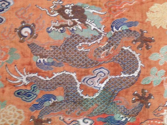 Chinese CHINESE EMBROIDERED SILK PANEL DEPICTING IMPERIAL DRAGONS