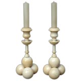 Antique PAIR OF ENGLISH VICTORIAN IVORY CANNON BALL-FORM CANDLESTICKS