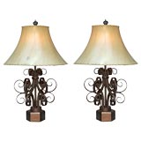 PAIR OF PAINTED WROUGHT IRON SCROLLING FINIAL LAMPS