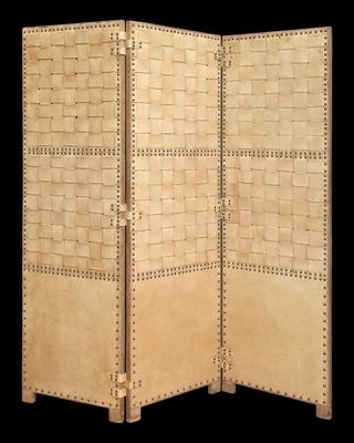 FRENCH 1940'S LIMED OAK (CERUSE) AND LEATHER SCREEN