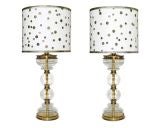 PAIR OF GLASS AND BRASS LAMPS W/ MATCHING SHADES by Paul Hanson