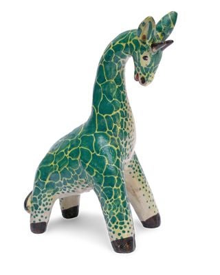 AN ENDEARING AND DEMURE ITALIAN ART DECO GREEN-ON-YELLOW GLAZED POTTERY GIRAFFE.  The diminutive, sinuously stylized giraffe; standing on two elongated fore legs and two stunted hind legs; the sleek, canted body trailing the long tail; and raising