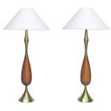 1970
S TEAK TEARDROP LAMPS WITH BRASS TRUMPET-FORM BASES