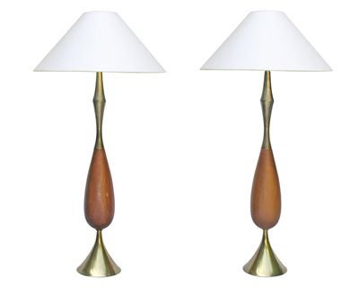 1970'S TEAK TEARDROP LAMPS WITH BRASS TRUMPET-FORM BASES