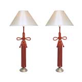 PAIR OF FRENCH 1940'S IRON RED SILK TASSEL LAMPS
